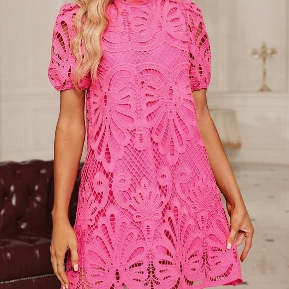 Pink PReppy Womens Guipure Lace Puff Sleeve Tunic Dress - Picture 4 of 5